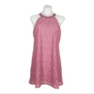 NWT Women’s Dress Candies Pink Floral Lace Halter Shift Beaded Mini Dress Size L